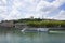 Panorama of the river Saone, Courthouse and church Notre Dame de Fourviere, Lyon,