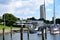 Panorama at the River Trave in the Old Town of Travemuende at the Baltic Sea in Schleswig - Holstein