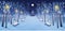 Panorama road over the winter park with benches, trees, lanterns and a garland at night. Vector illustration of winter city street