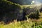 Panorama of rocks covered with trees. Caucasus, North Ossetia