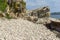 Panorama of Rocks and small beach in Ammouliani island, Athos, Chalkidiki, Greece