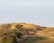 Panorama of rolling hills with hikers under cloudy skies