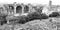 Panorama of the Roman Forum, monochrome photo.