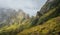 Panorama of a rugged mountain radge overgrown with verdant grass. Xo-Xo Valley. Santo Antao Island, Cape Verde Cabo