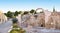 Panorama of the ruins the chapel in the castle Santa Barbara, with preserved arches and figures saints.