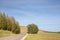 Panorama of a rural countryside road in Serbia, asphalted, with fields and titelski breg in background. Titelski breg, or titel