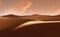 Panorama of sand dunes Sahara Desert at sunset. Endless dunes of yellow sand. Desert landscape Waves sand nature