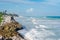 Panorama on sandy beach and caribbean lagoon at seaside landscapes of Tulum city near archeological site in Mexico