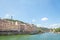Panorama of Saone river and the Quais de Saone riverbank and riverside in the city center of Lyon, next to Colline de Fourviere