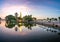 Panorama scene of Tran Quoc pagoda, the oldest temple in Hanoi, Vietnam, with brilliant sunset