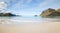 Panorama of scenic Haukland beach on Lofoten Islands in Norway on a bright summer day