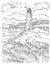 Panorama sea with lighthouse, rocks, cloud. Isolated on white. Vintage black engraving