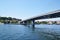 Panorama of the sea strait. View of the large bridge across the strait.