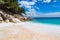 Panorama of seascape with greek Saliara aka Marble Beach, Thassos Island, Greece