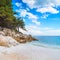 Panorama of seascape with greek Saliara aka Marble Beach, Thassos Island, Greece