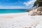 Panorama of seascape with greek Saliara aka Marble Beach, Thassos Island, Greece