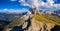 Panorama on Seceda peaks. Trentino Alto Adige, Dolomites Alps, South Tyrol, Italy. Odle mountain range, Val Gardena. Majestic