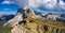 Panorama on Seceda peaks. Trentino Alto Adige, Dolomites Alps, South Tyrol, Italy. Odle mountain range, Val Gardena. Majestic