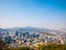 Panorama Seoul cityscape view from Namsan Hill.Blank space blue sky bacground.