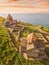 Panorama of Sevanavank Monastery and chapel overlooking famous Sevan lake at sunny spring day. Travel and tourist