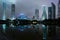 Panorama of Shanghai skyscraper buildings and reflection in lake