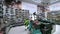 Panorama of shelves in a DIY shop with variety of power tools, mostly from the Bosch brand