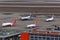 Panorama of Sheremetyevo international airport taken from helicopter with various planes standing.