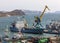 Panorama on ships at pier, port cranes on commercial seaport Petropavlovsk-Kamchatsky