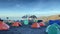 Panorama of Shira Cave Camp - tourists, tents, black porters. Climbing Kilimanjaro.