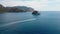 Panorama from shore to ocean from above. Aerial view of boat. Amazing beach with turquoise and transparent sea. Emerald