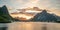 Panorama shot of Reine in Lofoten Islands in Norway during sunset.