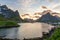 Panorama shot of Reine in Lofoten Islands in Norway during sunset.