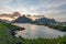 Panorama shot of Reine in Lofoten Islands in Norway during sunset.