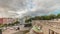 Panorama showing aerial view of Jardim da Alameda in Lisbon with the Luminous Fountain timelapse during sunset.