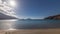 Panorama showing beach in Amorgos island aerial timelapse from above. Greece