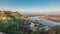 Panorama showing the Castle of Almourol on hill in Santarem aerial timelapse. Portugal