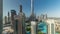 Panorama showing Dubai Downtown cityscape with tallest skyscrapers around aerial timelapse.