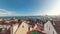 Panorama showing red roofs timelapse and 25 de Abril Bridge, Iconic suspension bridge over Tagus River in Lisbon