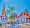 Panorama of the shrines and Golden Chedi of Wat Bowonniwet Vihara complex, Bangkok, Thailand