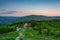 Panorama of the Silesian Beskids from Rownica peak at sunrise. Poland