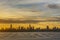 Panorama of silhouette of skyline of Shenzhen city, China at sunset. Viewed from Hong Kong border