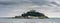 Panorama of Sint Michael`s Mount with rowing boats and dramatic skies,Mount`s Bay,Southern Cornwall,England,UK