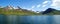 Panorama Skagafjordur eastern coastline in Northern Iceland with snowy mountains in the background