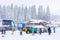 Panorama of ski resort Kopaonik, Serbia, skiers, lift, pine trees