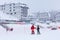 Panorama of ski resort Kopaonik, Serbia, skiers, pine trees