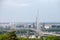 Panorama and skyline of the high rises of Novi Beograd District with the Ada Most bridge with highway streets in front.