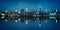 Panorama of the skyline of Manhattan viewed from Jersey city during the blue hour. New York skyline at night