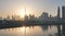 Panorama of skyscrapers of Dubai in the morning at sunrise. Dubai Greek District.