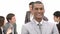 Panorama of smiling ethnic businessman in the office with his team