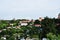 Panorama of Smolensk. View of the old fortress wall, towers, residential wooden houses.